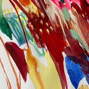 May include: An abstract painting on textured paper featuring bold, expressive brushstrokes in vibrant shades of crimson, deep red, bright yellow, royal blue, and soft mint green. The composition displays layered paint applications and drips.