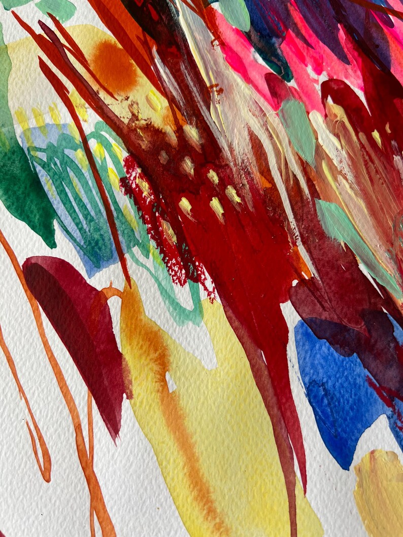 May include: An abstract painting on textured paper featuring bold, expressive brushstrokes in vibrant shades of crimson, deep red, bright yellow, royal blue, and soft mint green. The composition displays layered paint applications and drips.