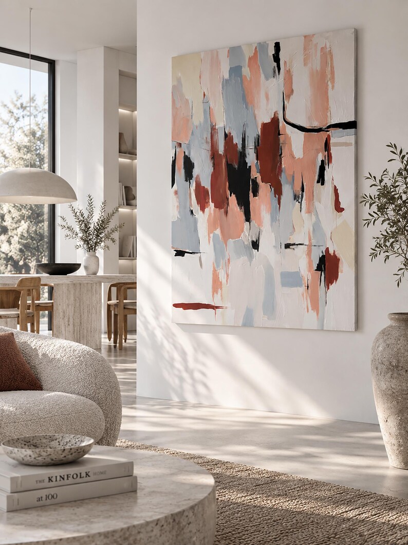 May include: A large rectangular canvas painting featuring abstract vertical brushstrokes in shades of terracotta, dusty blue, black, and cream. The artwork displays a layered composition with varying textures and bold colour blocks on a white background.