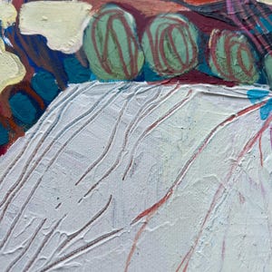 May include: Abstract painting with a textured white foreground and a background featuring green, red, and blue brushstrokes. The artwork includes three green circular shapes with red lines, and areas of yellow and purple.