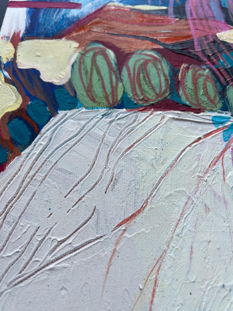 May include: Abstract painting with a textured white foreground and a background featuring green, red, and blue brushstrokes. The artwork includes three green circular shapes with red lines, and areas of yellow and purple.