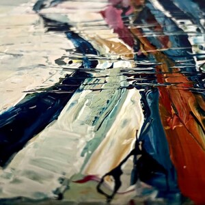May include: Abstract painting with thick brushstrokes in shades of white, blue, orange, and pink. The artwork has a textured appearance, with visible paint layers creating a dynamic and expressive composition. The style is modern and artistic.
