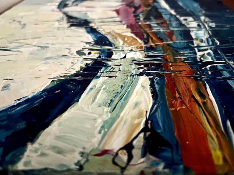 May include: Abstract painting with thick brushstrokes in shades of white, blue, orange, and pink. The artwork has a textured appearance, with visible paint layers creating a dynamic and expressive composition. The style is modern and artistic.