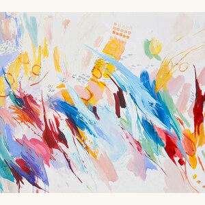 May include: An abstract painting on a white background featuring energetic, thick brushstrokes in vibrant shades of blue, yellow, red, pink, and teal. The composition includes scattered small dots, dashes, and grid-like patterns layered throughout the colourful, dynamic paint application.
