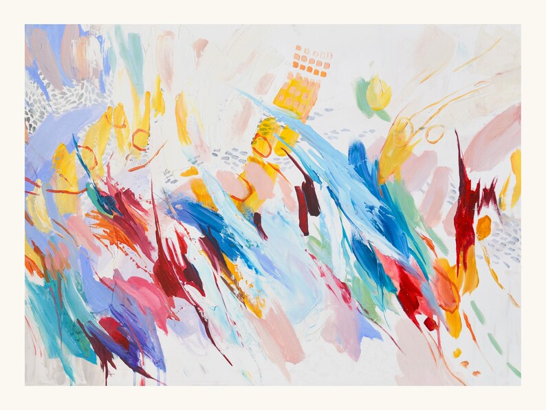 May include: An abstract painting on a white background featuring energetic, thick brushstrokes in vibrant shades of blue, yellow, red, pink, and teal. The composition includes scattered small dots, dashes, and grid-like patterns layered throughout the colourful, dynamic paint application.