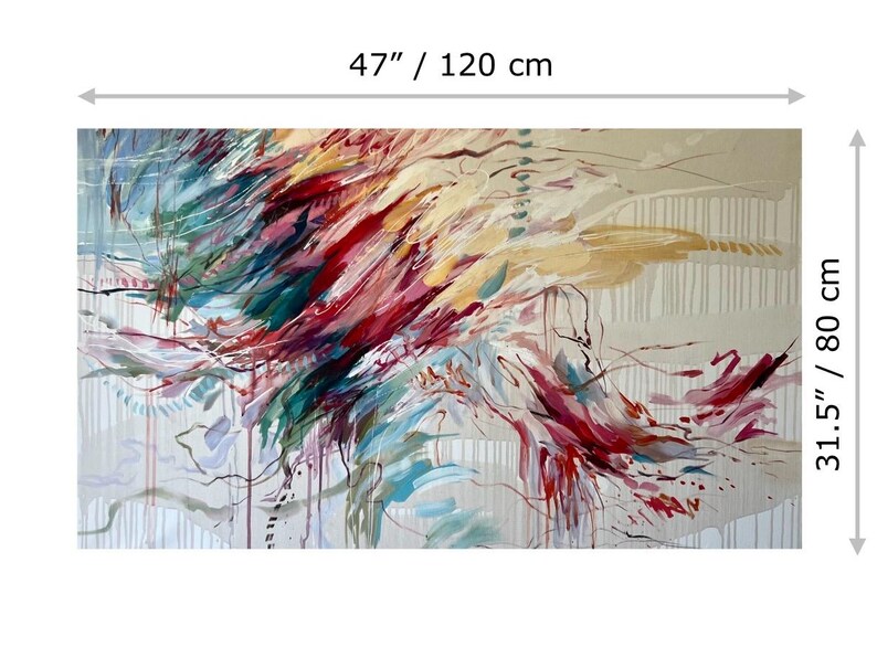 May include: Abstract painting on canvas, measuring 47 inches wide and 31.5 inches high. The artwork features dynamic brushstrokes in shades of red, teal, gold, and purple against a neutral background. The painting has a modern, expressive style.