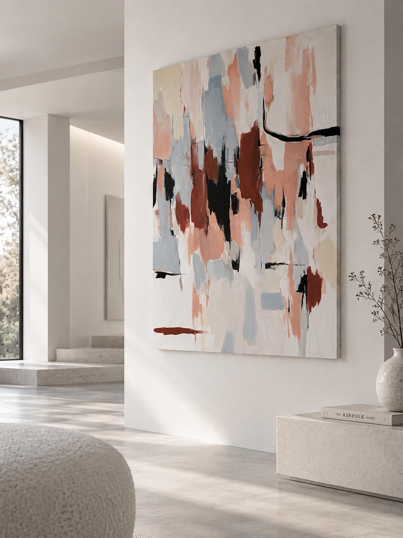May include: A large rectangular canvas painting featuring an abstract composition of vertical brushstrokes in shades of terracotta, soft peach, light blue, cream, and black. The artwork displays textured paint application with bold, dark lines.