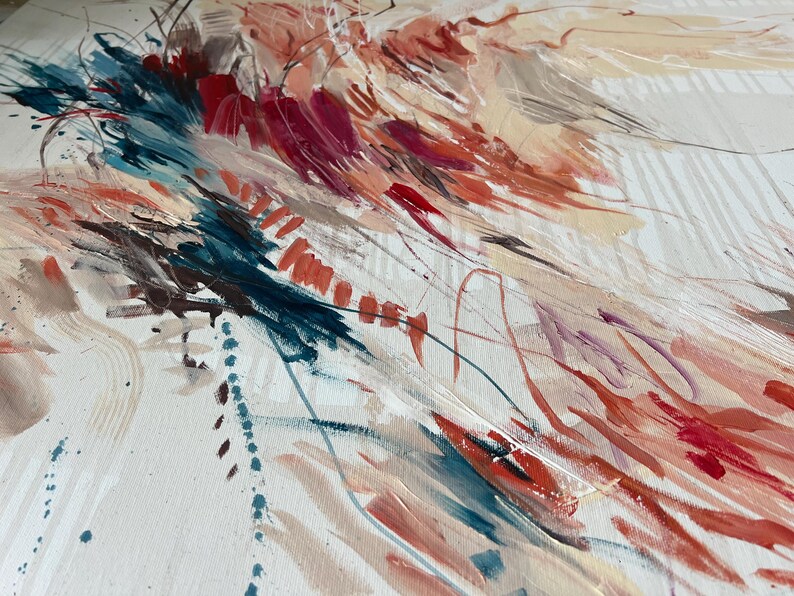May include: Abstract painting with dynamic brushstrokes in shades of red, teal, and peach against a white background. The artwork features a mix of thick and thin paint applications, creating a textured and layered effect. The composition has a sense of movement and energy.