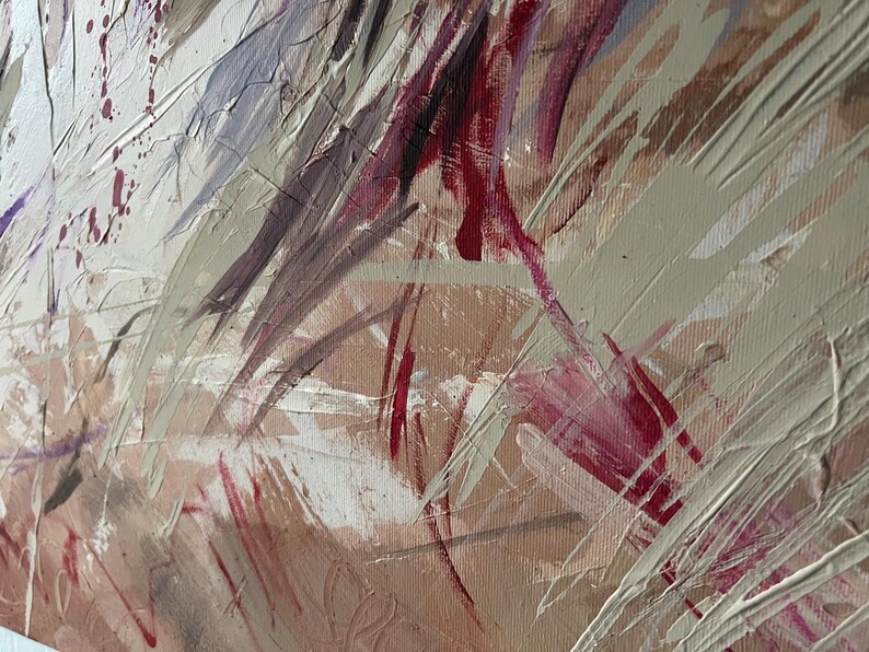 May include: Abstract painting with textured brushstrokes in shades of beige, white, and burgundy. The artwork features a dynamic composition with visible paint texture and a sense of movement, creating a modern aesthetic.