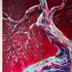 May include: Abstract painting of a tree with a vibrant color palette. The artwork features a deep red background with a tree trunk and branches in shades of pink, blue, and green. The painting is on a canvas.