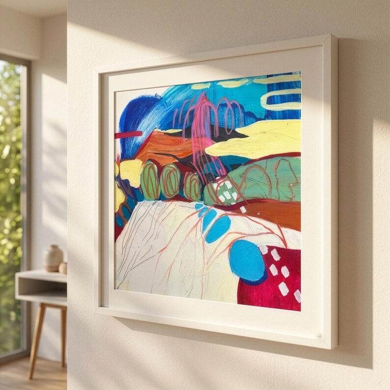 May include: A square framed abstract painting featuring bold layers of blue, magenta, yellow, and green. The composition includes sweeping brushstrokes, circular shapes, and thin line work on a white background, all encased in a white frame.