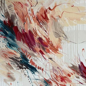 May include: Abstract painting with a dynamic composition of brushstrokes in shades of teal, red, burgundy, peach, and brown. The artwork features a textured, layered effect with splatters and linear elements against a neutral background.