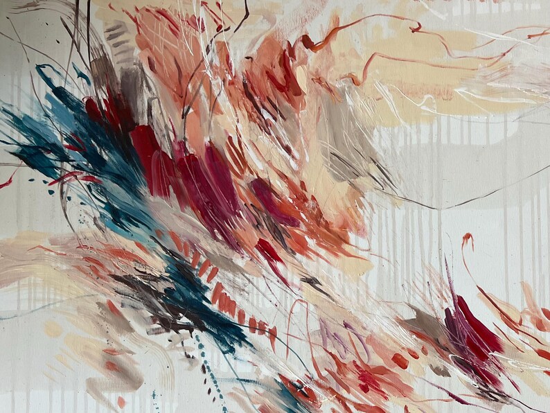 May include: Abstract painting with a dynamic composition of brushstrokes in shades of teal, red, burgundy, peach, and brown. The artwork features a textured, layered effect with splatters and linear elements against a neutral background.