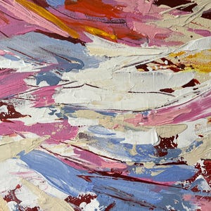 May include: Abstract painting with thick brushstrokes in shades of pink, white, blue, and yellow. The artwork features a textured surface with visible paint layers, creating a dynamic and expressive composition. The color palette is vibrant and evokes a sense of movement.