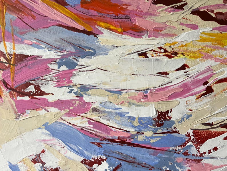 May include: Abstract painting with thick brushstrokes in shades of pink, white, blue, and yellow. The artwork features a textured surface with visible paint layers, creating a dynamic and expressive composition. The color palette is vibrant and evokes a sense of movement.