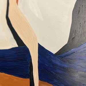 May include: Abstract painting with a textured surface. The artwork features a palette of white, navy blue, black, tan, and orange. The composition includes geometric shapes and brushstrokes, creating a modern aesthetic.