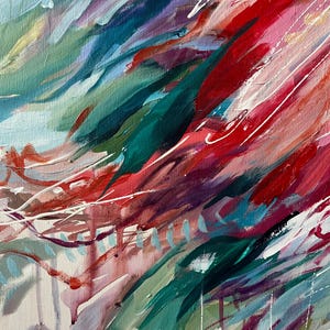 May include: Abstract painting with a dynamic composition of brushstrokes in shades of red, pink, green, blue, and white. The artwork features a textured surface with visible paint layers, creating a sense of depth and movement. The style is expressive and contemporary.
