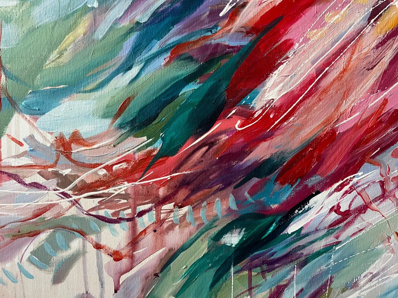 May include: Abstract painting with a dynamic composition of brushstrokes in shades of red, pink, green, blue, and white. The artwork features a textured surface with visible paint layers, creating a sense of depth and movement. The style is expressive and contemporary.