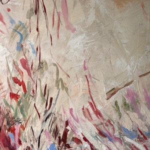 May include: An abstract painting on canvas featuring a textured beige background layered with expressive brushstrokes in shades of deep red, soft pink, sage green, and light blue. The composition displays vertical and diagonal paint marks.