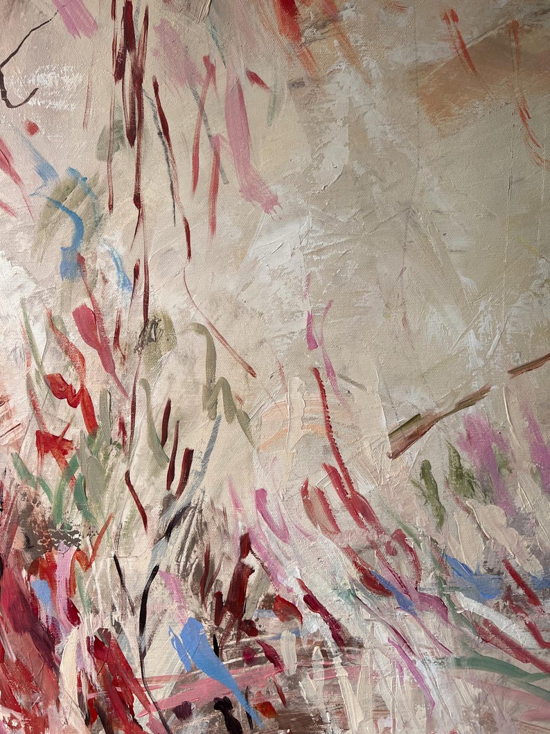 May include: An abstract painting on canvas featuring a textured beige background layered with expressive brushstrokes in shades of deep red, soft pink, sage green, and light blue. The composition displays vertical and diagonal paint marks.