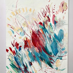 May include: An abstract painting on a rectangular canvas featuring a white background with energetic brushstrokes in shades of deep red, bright turquoise, soft yellow, and dark blue, accented by thin, swirling graphite lines and scattered marks.