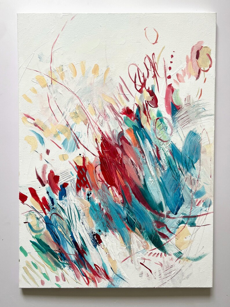May include: An abstract painting on a rectangular canvas featuring a white background with energetic brushstrokes in shades of deep red, bright turquoise, soft yellow, and dark blue, accented by thin, swirling graphite lines and scattered marks.