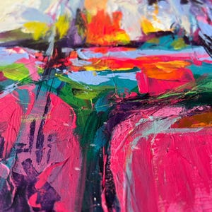 May include: Abstract landscape painting with thick brushstrokes. The artwork features vibrant colors including hot pink, orange, green, and purple. The textured surface creates a dynamic and expressive visual experience.