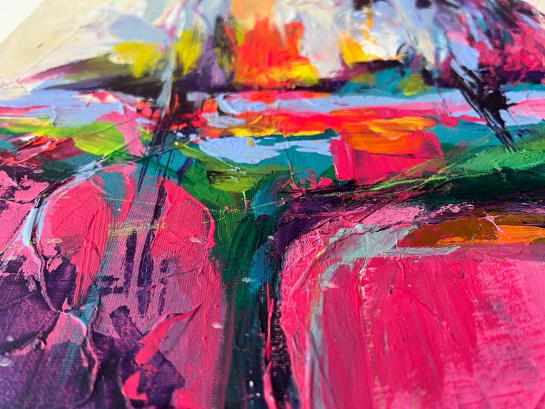 May include: Abstract landscape painting with thick brushstrokes. The artwork features vibrant colors including hot pink, orange, green, and purple. The textured surface creates a dynamic and expressive visual experience.