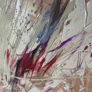 May include: Abstract painting with textured brushstrokes in shades of white, beige, gray, blue, purple, and red. The artwork features a layered composition with visible paint texture and splatters, creating a dynamic and expressive visual effect.