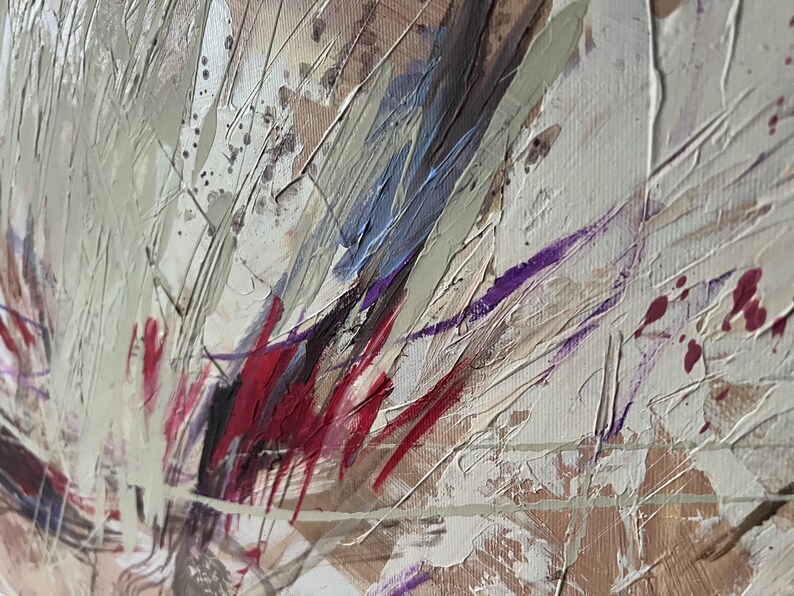 May include: Abstract painting with textured brushstrokes in shades of white, beige, gray, blue, purple, and red. The artwork features a layered composition with visible paint texture and splatters, creating a dynamic and expressive visual effect.