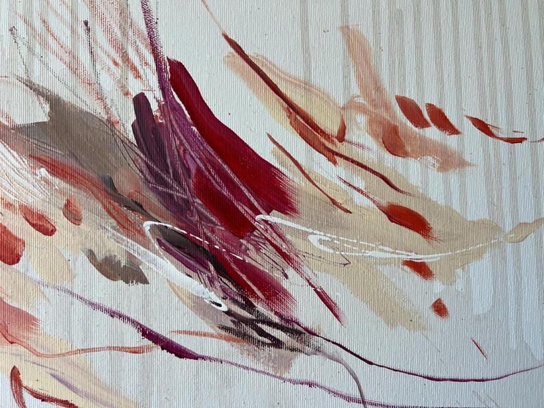 May include: Abstract painting with a cream-colored background and vertical stripes. The artwork features dynamic brushstrokes in shades of red, burgundy, brown, and cream, creating a sense of movement and depth. White accents add contrast.