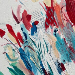 May include: An abstract painting featuring a white background with energetic brushstrokes in shades of bright red, turquoise, deep blue, and cream. The composition includes layered paint textures, thin lines, and small dark blue splatters.