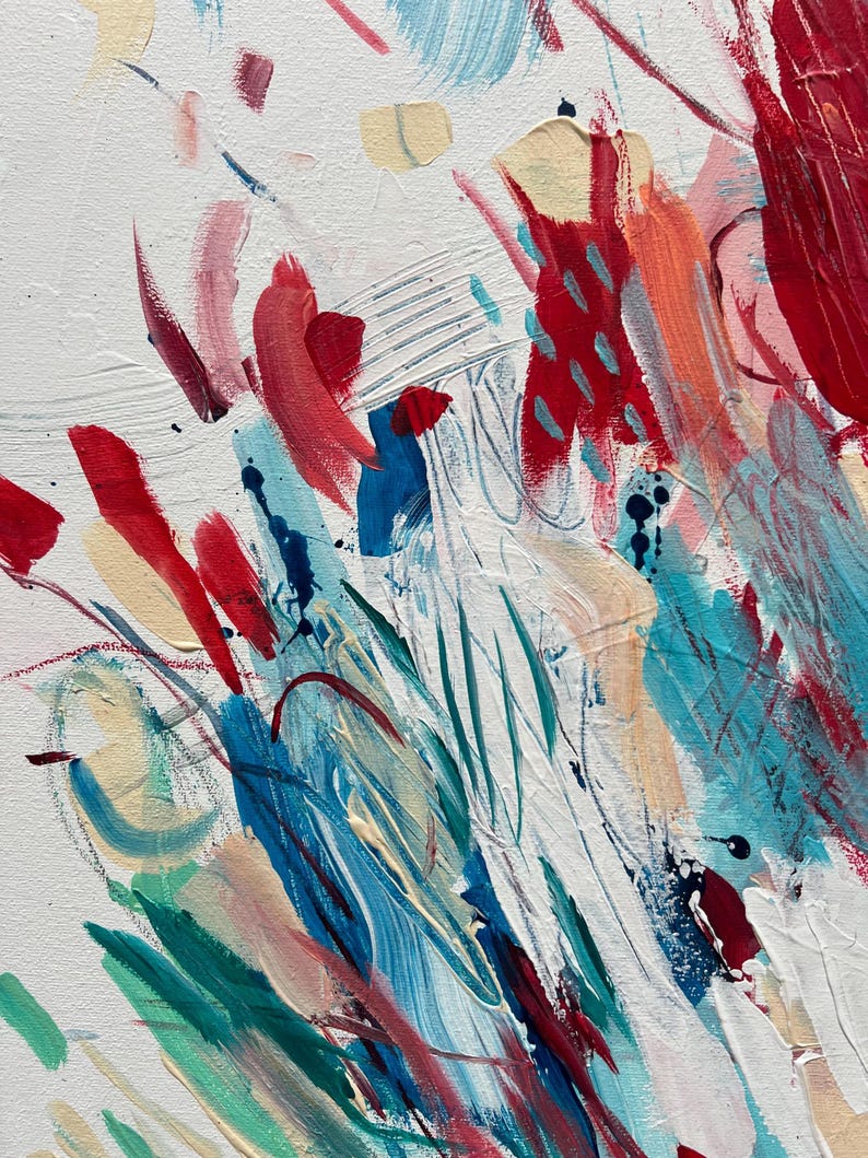 May include: An abstract painting featuring a white background with energetic brushstrokes in shades of bright red, turquoise, deep blue, and cream. The composition includes layered paint textures, thin lines, and small dark blue splatters.