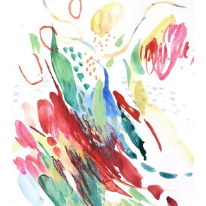 May include: An abstract watercolor painting on white paper featuring vibrant splashes and brushstrokes of red, green, blue, and yellow. The composition includes various shapes, thin lines, and dotted patterns scattered across the surface.