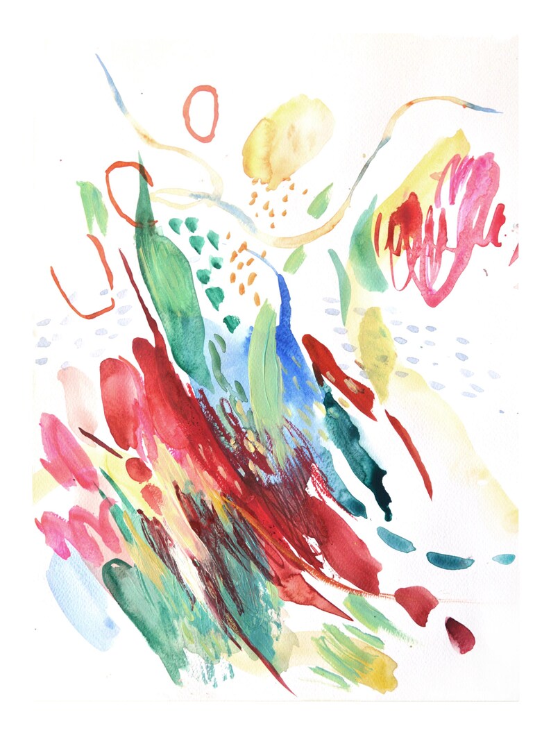May include: An abstract watercolor painting on white paper featuring vibrant splashes and brushstrokes of red, green, blue, and yellow. The composition includes various shapes, thin lines, and dotted patterns scattered across the surface.
