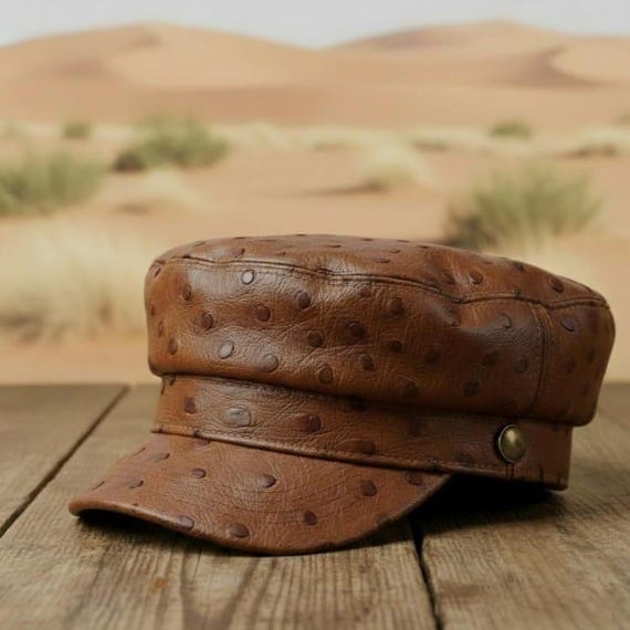Embossed Leather Cap, Vintage Military Style