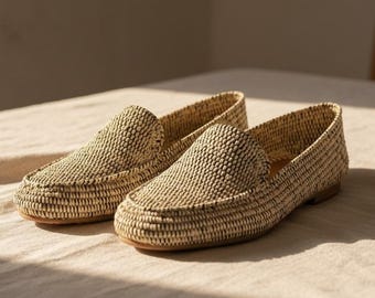 Mocasines de rafia natural tejidos a mano – Mocasines artesanales marroquíes, zapatos de boda con plantilla de cuero