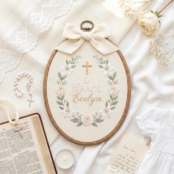 Custom Christening Baby Name Sign, Floral Cross Embroidery Hoop, Religious Newborn Gift, Catholic Baby Shower