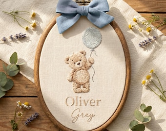 Embroidered Teddy Bear Name Hoop, Baby Boy Nursery Decor, Custom Keepsake Sign