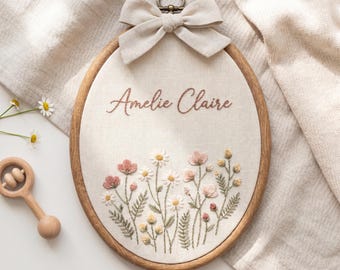 Personalized Floral Baby Name Sign, Embroidered Nursery Wall Art, Custom Oval Name Hoop, Baby Shower Gift for Girl, Newborn Hospital Sign