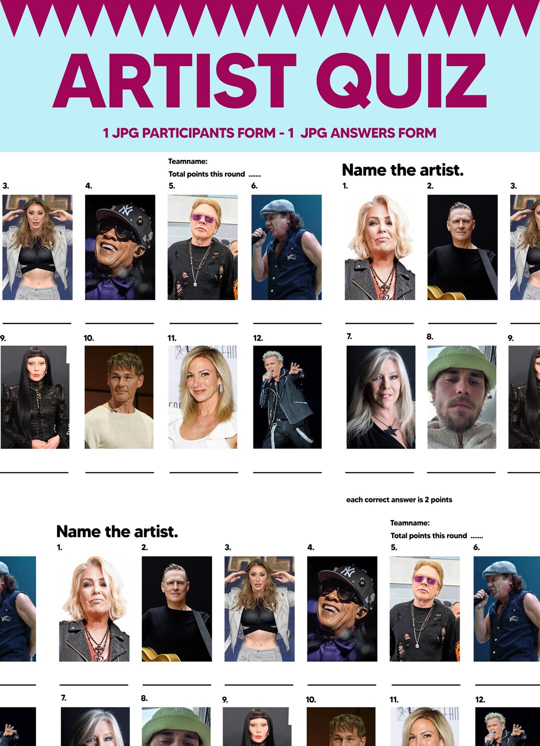 Printable Picture Music Quiz With Answers: Family Quiz Sheets, Pub Quiz