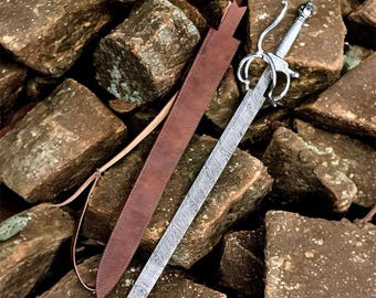 Hand Forged Damascus Steel Rapier Sword with Leather Sheath | Medieval Decorative Sword | Wedding Gift for Him | Master Swords Collection