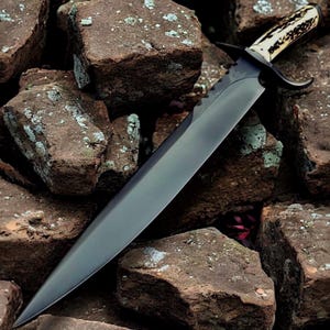 May include: A large, dark-bladed knife with a bone-colored handle and a black guard. The blade is long and sharp, with a slight curve. The knife rests on a bed of rough, brown rocks.