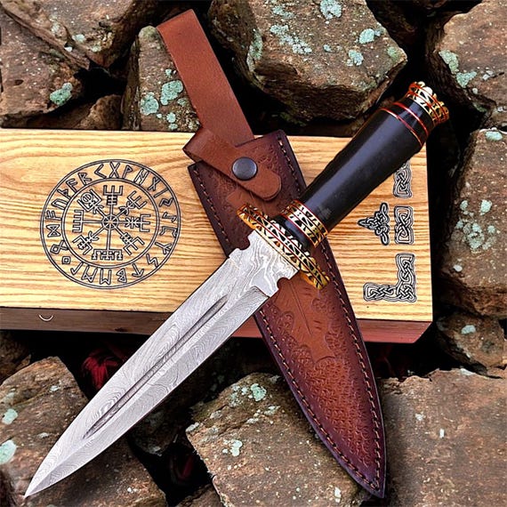 Hand Forged Damascus Steel Athame Dagger | Ritual and Fantasy Collectible Knife with Sheath | Engraved Anniversary Home Décor Gift for Him