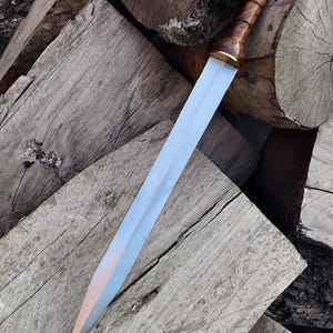 May include: A Roman gladius sword with a polished steel blade and a wooden handle. The handle is a dark brown color with a brass guard. The sword is resting on a pile of weathered wooden logs.