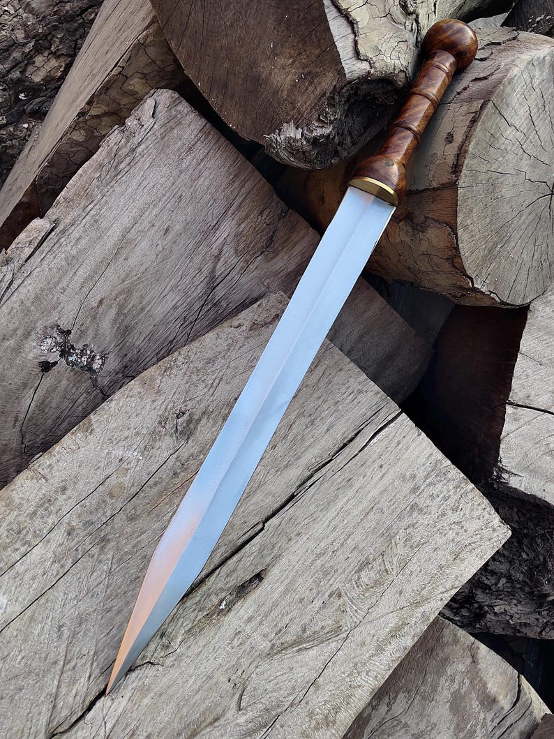 May include: A Roman gladius sword with a polished steel blade and a wooden handle. The handle is a dark brown color with a brass guard. The sword is resting on a pile of weathered wooden logs.