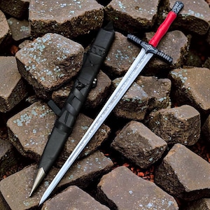 Hand Forged Fantasy Sword with Scabbard, Medieval Rune Sword, Red Handle Norse Inspired Sword, Gothic Display Sword, Wedding Sword Gift