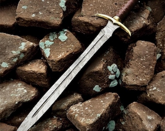 Hand Forged Medieval Viking Damascus Steel Sword with Leather Sheath | Monogram Templar Style Collectible Sword | Christmas Gift for Him