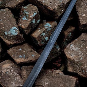 May include: A long, dark grey sword with an ornate hilt and a blade inscribed with text. The sword is displayed against a backdrop of rough, brown rocks with patches of blue-green lichen.