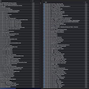 Könnte beinhalten: Eine digitale Dateiverzeichnis-Oberfläche im Dark-Mode-Design mit zwei nebeneinander liegenden Ordnerspalten. Jede Zeile zeigt einen Ordnernamen gefolgt von dem Wort Folder, was eine Sammlung von Musikproduktions-Soundkits darstellt.